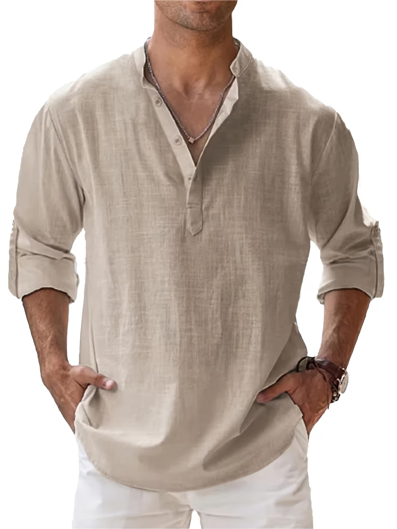 Men’s Linen Blend Long Sleeve Shirt | Summer Casual Stand Collar Beach Shirt - phoenix-7