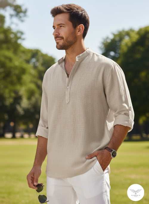 Men’s Linen Blend Long Sleeve Shirt | Summer Casual Stand Collar Beach Shirt - phoenix-7