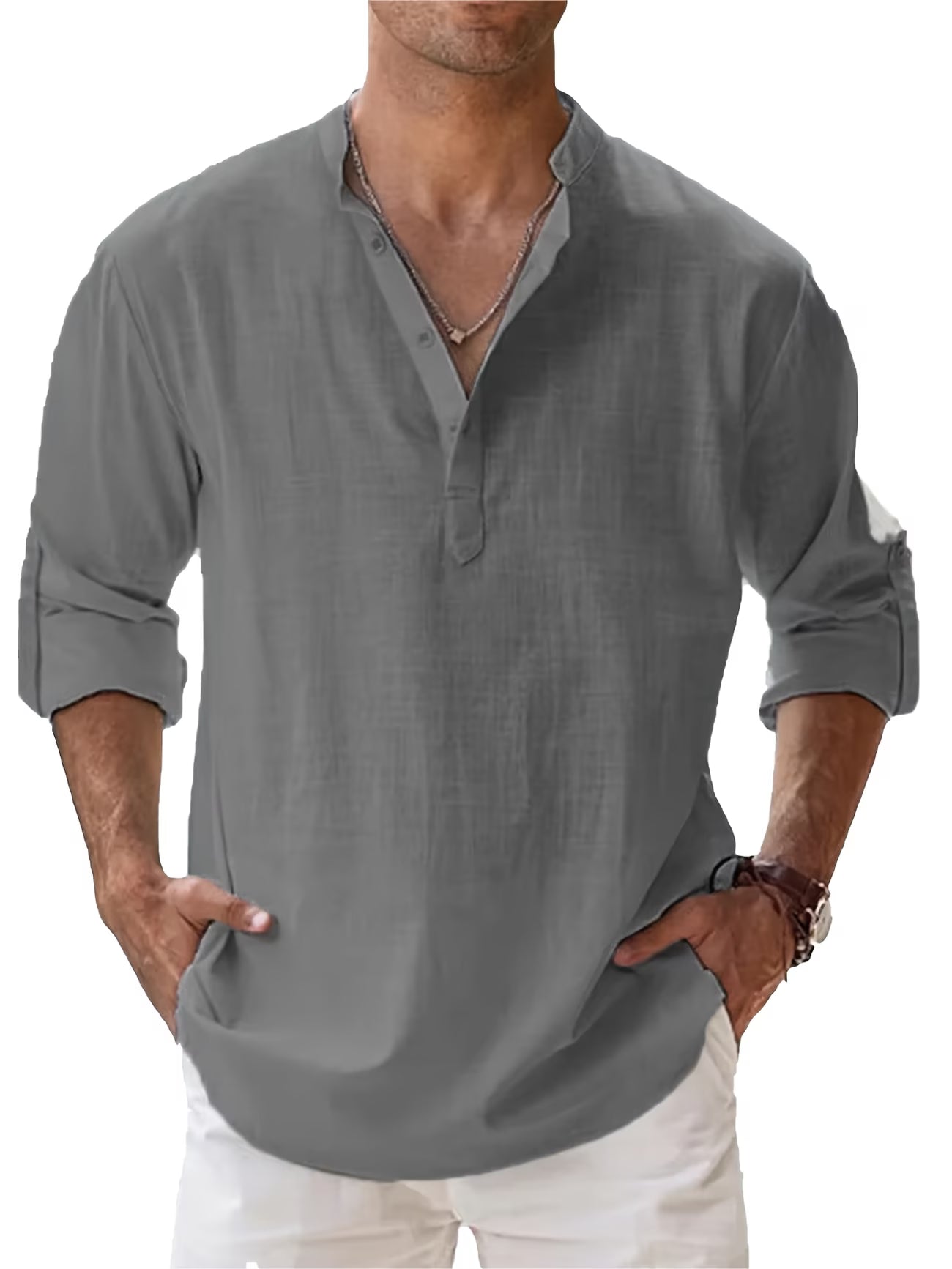 Men’s Linen Blend Long Sleeve Shirt | Summer Casual Stand Collar Beach Shirt - phoenix-7