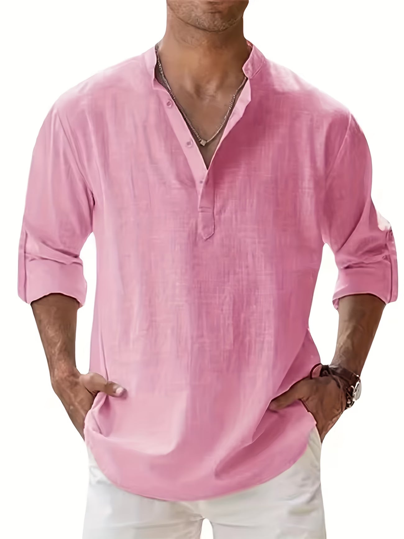 Men’s Linen Blend Long Sleeve Shirt | Summer Casual Stand Collar Beach Shirt - phoenix-7