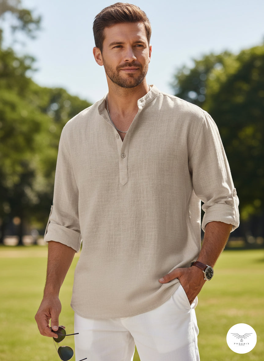 Men’s Linen Blend Long Sleeve Shirt | Summer Casual Stand Collar Beach Shirt - phoenix-7