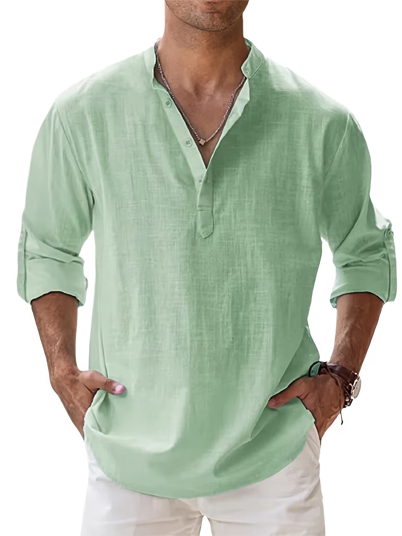 Men’s Linen Blend Long Sleeve Shirt | Summer Casual Stand Collar Beach Shirt - phoenix-7