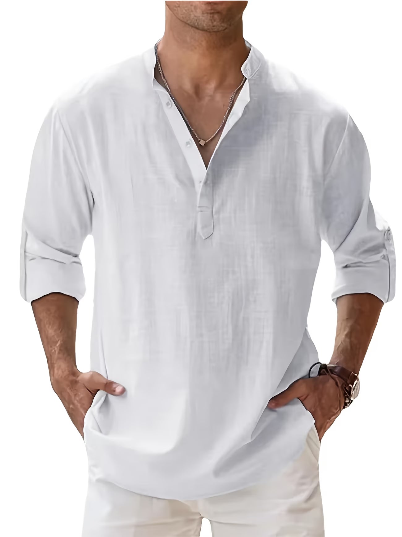 Men’s Linen Blend Long Sleeve Shirt | Summer Casual Stand Collar Beach Shirt - phoenix-7